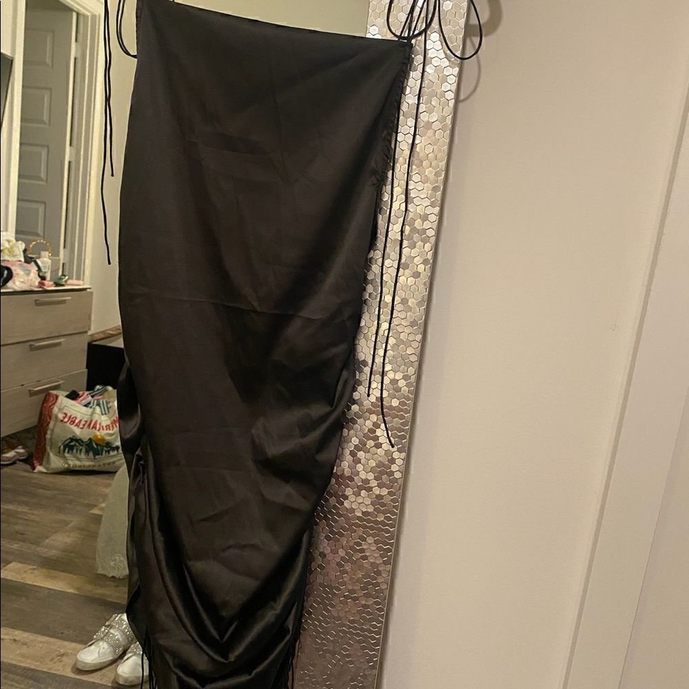 [boutique] drawstring black satin dress #2 - Picture 5 of 10